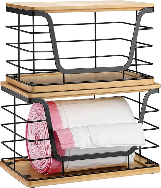 ALOCEO 2 Pack Large Garbage Bag Dispenser for 13/30/33 Gallon Bags, Potato and Onion Storage Baskets with Bamboo Lid, Stainless Steel Stackable Storage Bins for Kitchen Laundry Pantry Room