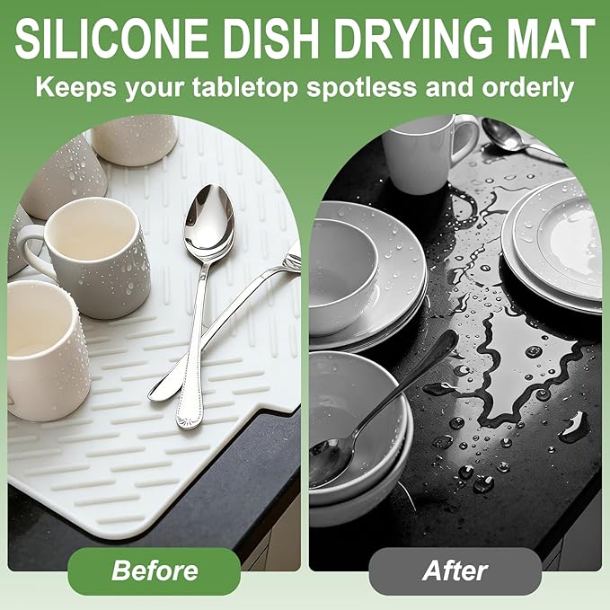 Silicone Drying Mat, 23"X17" With Built-in Drain Lip,Heat-Resistant,Eco-friendly,Hygienic Drying Pad,Leak-Proof and Non-Slip,Silicone Dish Drying Mat for Kitchen Counter or Sink（White 23X17）