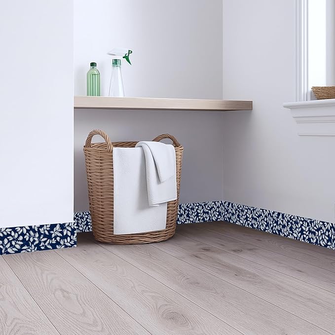 Blue Floral Wallpaper Border 196x4 Inch Peel and Stick Wall Border Elegant White Leaf Pattern Removable Vinyl Wall Trim for Kitchen Bathroom Bedroom Living Room Home Decor