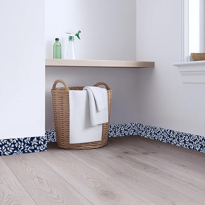 Blue Floral Wallpaper Border 196x4 Inch Peel and Stick Wall Border Elegant White Leaf Pattern Removable Vinyl Wall Trim for Kitchen Bathroom Bedroom Living Room Home Decor