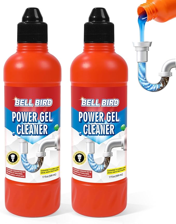 Bell Bird Drain Clog Remover & Pipe Cleaner - Thick Power Gel Dissolves Hair, Grease, and Soap Scum - Septic Safe Odor Eliminator for Kitchen Sinks, Tubs, Showers & Toilets (Pack of 2)