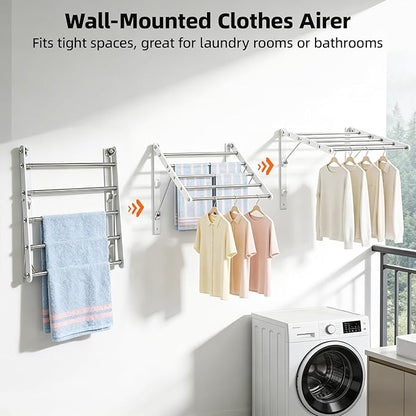 Wall Mounted Clothes Drying Rack, 24'' Retractable Foldable Laundry Drying Rack with 5 Stainless Steel Rods, Space Saving & Easy Installation for Laundry Bathroom Apartments-White