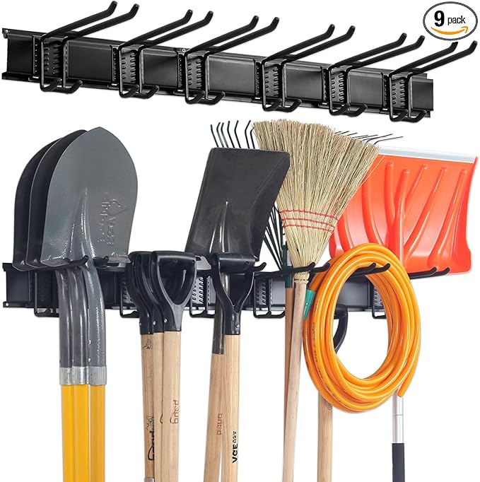 Aking Ace Garage Tool Organizer Wall Mount - Garden Tool Organizer Heavy Duty 48" Storage Rack with 6 Adjustable Hooks, Holds 350lbs, Yard Tool Hanger for Shed Organization