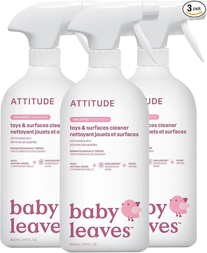 ATTITUDE Baby & Kids Toy Cleaner Spray, EWG Verified, Multi-Surface Cleaner for Toys, High Chairs & Play Areas, Naturally Derived, Vegan, Unscented, 27.1 Fl Oz (Pack of 3)