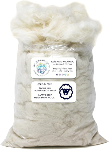 Core Wool for Needle Felting, Crochet Toys, Amigurumi Stuffing. Super Clean Wool Filler for Pillows, Stuffed Animals, Dryer Balls. 1LB, Natural White