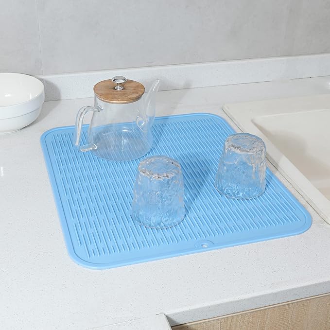 MicoYang Silicone Dish Drying Mat for Multiple Usage,Easy clean,Eco-friendly,Heat-resistant Silicone Mat for Kitchen Counter or Sink,Refrigerator or Drawer Liner Light Blue 2XL 24 inches x 18 inches
