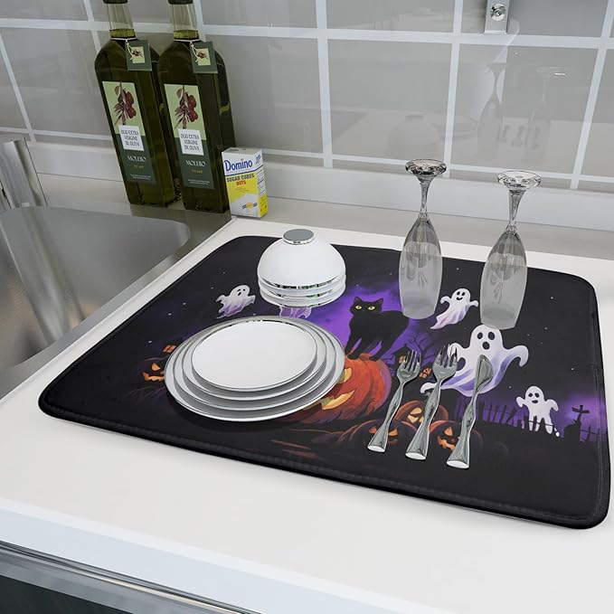Halloween Ghost Pumpkin Dish Drying Mat for Kitchen Counter 18x24 Black Cat Holiday Scary Theme Absorbent Reversible Microfiber Drying Mats Kitchen Countertop Protector Dishes Drainer Pad