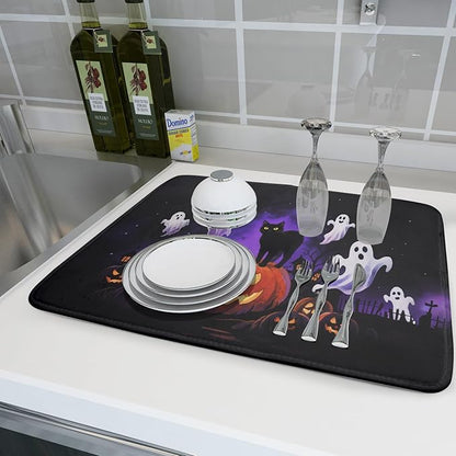 Halloween Ghost Pumpkin Dish Drying Mat for Kitchen Counter 18x24 Black Cat Holiday Scary Theme Absorbent Reversible Microfiber Drying Mats Kitchen Countertop Protector Dishes Drainer Pad