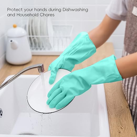 KAQ Reusable Rubber Cleaning Gloves: 4 Pairs Latex Free Non-Slip Household Kitchen Gloves for Washing Dishes