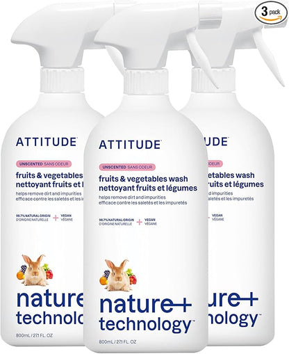 ATTITUDE Fruit & Vegetable Wash, Unscented Food-Safe Produce Wash to Remove Dirt, Wax & Residue, Vegan Plant-Based Produce Cleaner, 27.1 Fl Oz (Pack of 3)