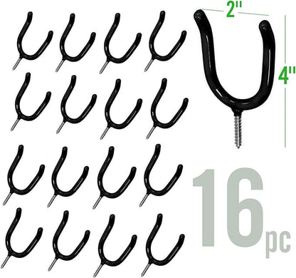 ALAZCO 16 Black Vinyl Coated Steel Wall Mount Screw-in Heavy Duty Tool Holders 4” Utility U-Hooks for Garage Workshop Storage Hang Shovels Rakes Brooms Garden Tools Sports Equipment Tennis Racket
