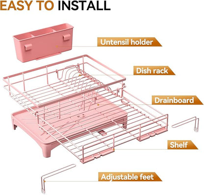 Laveshop Dish Drying Rack - Expandable Rack, Large Capacity Dish Drainer for Kitchen Counter, Rust-Proof with Utensil Holder, Pink