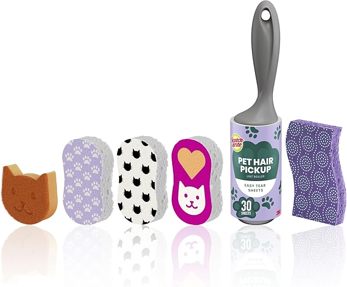 Scotch-Brite Cat Lovers Cleaning Kit, Includes 6 Limited Edition Non-Scratch Sponges and 1 Pet Hair Pickup Extra Sticky Lint Roller, Multi-surface Safe