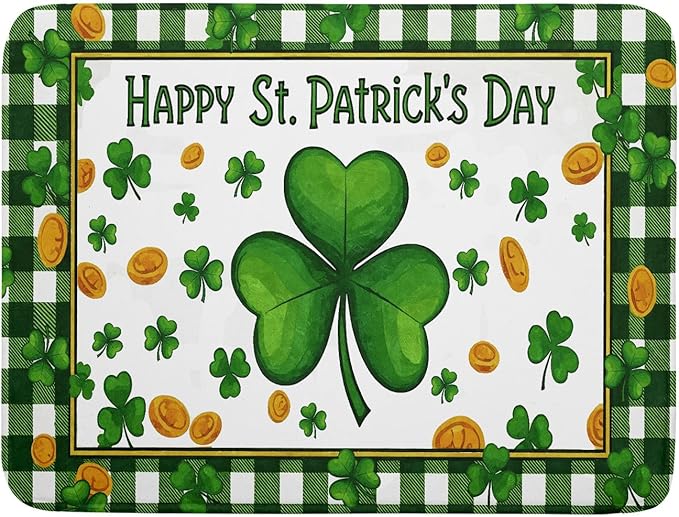 Happy St. Patrick's Day Green Dish Drying Mat 18 x 24 Inch With Absorbent Reversible Microfiber Lucky Clover Shamrock Buffalo Check Plaid Drying Spring Dish Drainer Mat Fast Dry For Kitchen