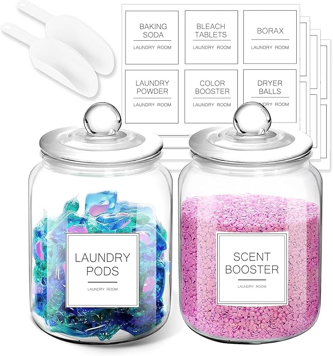 FyndraX Laundry Pods Glass Jars - Half Gallon Airtight Containers with Scoop and Labels for Organization and Storage Laundry Room Detergents Powder, Scent Booster Beads Holder, Set of 2