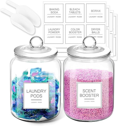 FyndraX Laundry Pods Glass Jars - Half Gallon Airtight Containers with Scoop and Labels for Organization and Storage Laundry Room Detergents Powder, Scent Booster Beads Holder, Set of 2