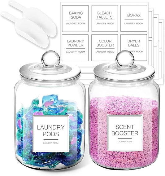 FyndraX Laundry Pods Glass Jars - Half Gallon Airtight Containers with Scoop and Labels for Organization and Storage Laundry Room Detergents Powder, Scent Booster Beads Holder, Set of 2