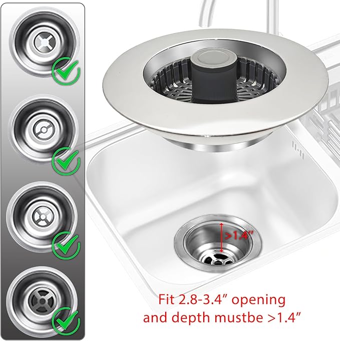BAOLSLS 3 in 1 Kitchen Sink Stopper, Pop Up Kitchen Sink Drain Strainer, with an Extra Basket Strainer, Kitchen Sink Drain Stopper for US Standard 3-1/2 Inch, Brass Material Electroplate Silver