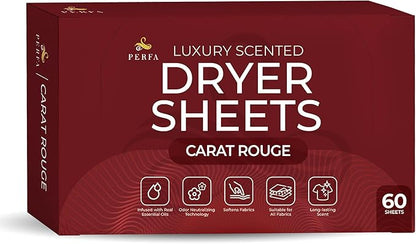 Dryer Sheets – Carat Rouge Scent | Ultra-Soft Essential Oil Dryer Sheet | Long-Lasting Fabric Sheet | 60 PCS Scented Laundry Sheets With Odor Neutralizing Technology by Perfa