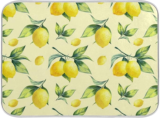 Super Absorbent Dish Drying Mat, Microfiber Fast-Drying Dish Mat, 24" x 18", Kitchen Dish Drying Pad, Vintage Yellow Lemon With Leaves