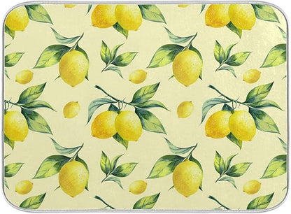 Super Absorbent Dish Drying Mat, Microfiber Fast-Drying Dish Mat, 24" x 18", Kitchen Dish Drying Pad, Vintage Yellow Lemon With Leaves
