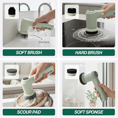 Electric Spin Scrubber – Handheld & Ergonomic, IPX7 Waterproof, 4 Multi-Purpose Brush Heads, Long-Lasting Rechargeable Battery – Cleans Dishes, Bathroom, Tile, Grout & Kitchen (Sage)