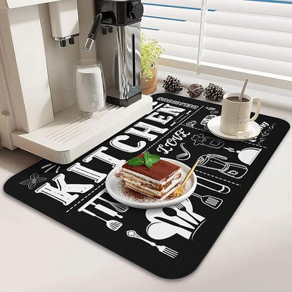Dish Drying Mat for Kitchen Counter 2 Pack with Non-Slip Rubber Backing - Heat-Resistant Absorbent Coffee Bar Mat, Dish Rack Mat, Black Kitchen Dish Drying Mats 18x24+19.5x12 inch