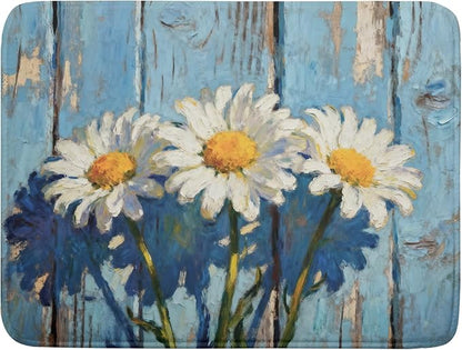 Daisy Floral Dish Drying Mat for Kitchen Counter 18x24 Spring Summer Theme Woodgrain White Flower Seasonal Absorbent Reversible Microfiber Drying Mats Kitchen Countertop Protector Dishes Drainer Pad