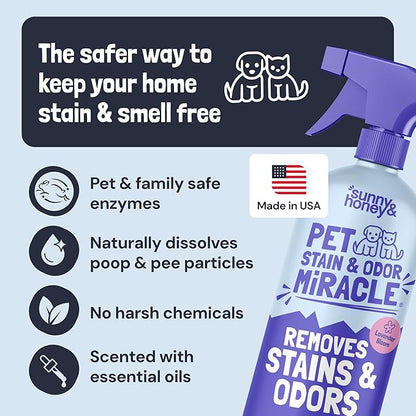 Sunny & Honey Pet Stain and Odor Remover - Enzyme Cleaner for Dog Urine and Poop on Carpets and Furniture - Strong Pet Carpet Cleaner Spray (32fl oz Lavender)
