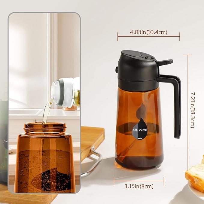 2 in 1 Oil Sprayer for Cooking, Olive Oil Dispenser Bottle for Kitchen Spray and Pour, 16oz/470ml Light-Blocking Dark Amber Glass Brown Bottle, Food-Grade Oil Mister for Air Fryer Black Cap