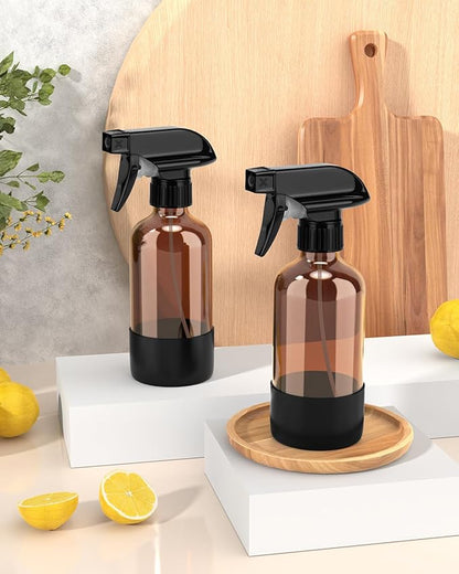 Bontip Glass Spray Bottle with Silicone Sleeve Protection, Amber Glass Spray Bottle Set for Window Cleaner Aromatherapy Facial Hydration Watering Flowers Hair Care 2 Pack/8 oz (Black)