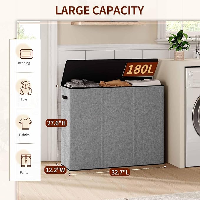 Relefree laundry hamper 3 section,180L large laundry basket for laundry sorting,Clothes Hamper with 3 Removable Bags,laundry hamper with lid, ideal for Bedroom,Bathroom,Dorm,Laundry Room,Grey