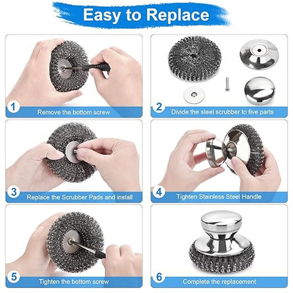 5PCS Stainless Steel Scrubber Pads, Steel Wool Scrubber Set with 2Pcs Handle, Stainless Scrubber for Cleaning Kitchen and Household, Dishes, Stoves, Grill, Wash Sink, Pots