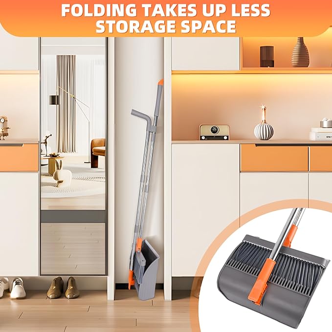 Broom and Dustpan Set, Self Cleaning with Metal Dustpan Teeth, Indoor&Outdoor Sweeping, Ideal for Dog Cat Pets Home Use, Stand Up Broom and Dustpan, Orange&Grey