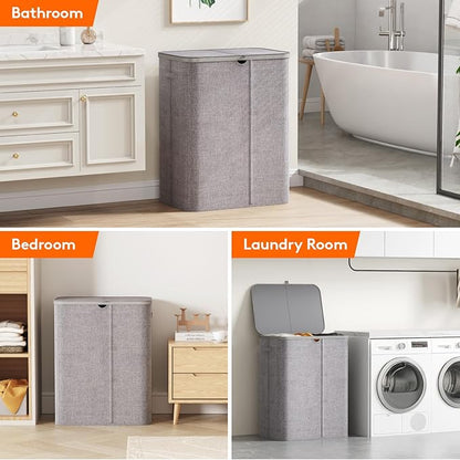 Lifewit 185L Large 3 Section Laundry Hamper with Lid, Plastic Laundry Basket with Bamboo Handles and Removable Bags, Tall Foldable Clothes Hamper for Bathroom Bedroom, Light Gray