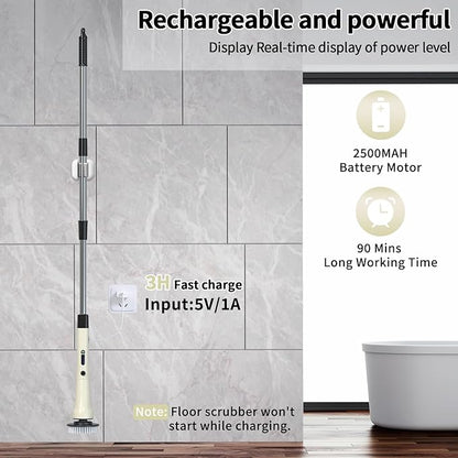 Electric Spin Scrubber, Hillyfe Bath Scrubber for Cleaning with 7 Replaceable Brush Heads, IPX7 Waterproof,300/400 RPM, 3 Adjustable Size,Cordless Shower Cleaner Brush for Bathroom Floor,Beige