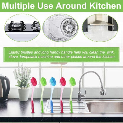 Boao 20 Pieces Long Dish Brush with Handle Assorted Color Dishwashing Brush with Suction Cup Multipurpose Cleaning Tool for Kitchen, Toilet, Etc