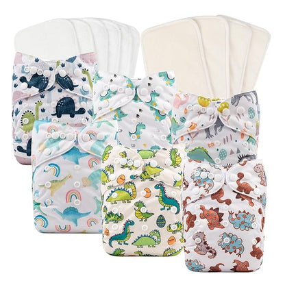 Babygoal Reusable Neutral Cloth Diapers 6 Pack with 10pcs Inserts, One Size Adjustable Washable Pocket Nappy Covers for Baby Boys and Girls