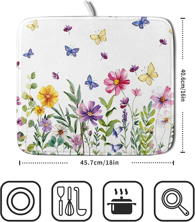 Wildflower Dish Drying Mat for Kitchen 18x16 Inch Colorful Floral Butterfly Drying Mat with Absorbent Reversible Microfiber Season Spring Dish Drainer Mats Rack Pad for Coffee Countertop Protector