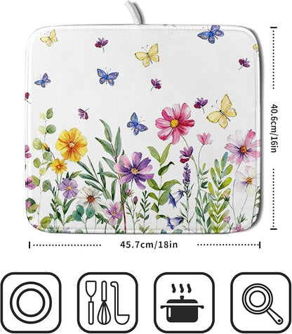 Wildflower Dish Drying Mat for Kitchen 18x16 Inch Colorful Floral Butterfly Drying Mat with Absorbent Reversible Microfiber Season Spring Dish Drainer Mats Rack Pad for Coffee Countertop Protector