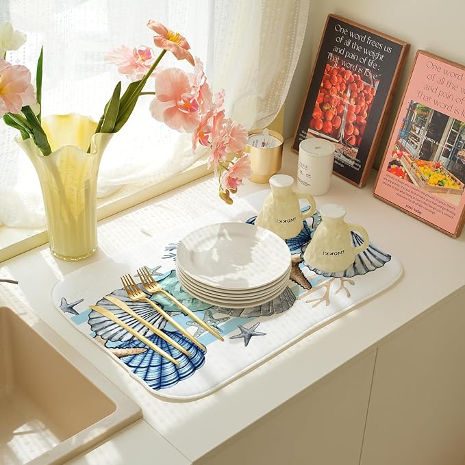 Nautical Coastal Starfish Dish Drying Mats 18x24 Inch Beach Coral Shell Blue Drying Mats Seasonal Summer Ocean Absorbent Dish Drying Pad Dish Rack Drainer Mats for Kitchen Dining Counter Decor