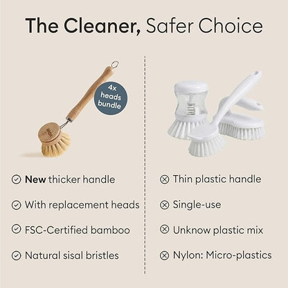 Vove Dish Brush Bundle - FSC-Certified Bamboo Dish Brush & Scrub Brush, 3 Replacement Heads - Natural Fiber Bristles - Non-Toxic, Plastic-Free Kitchen Set