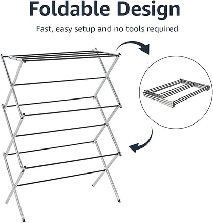 Amazon Basics Foldable Portable Metal Clothes Drying Rack for Indoor Air Drying, Energy Saving, 14.5 x 29.5 x 41.8 inches, Chrome Silver