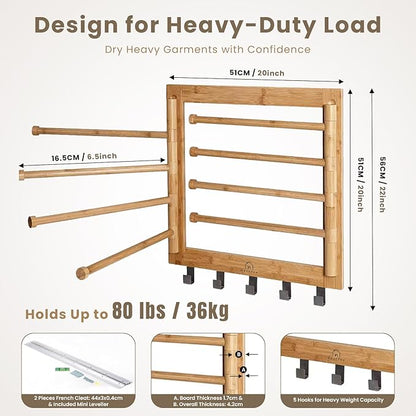 Bamboo Wall Mount Drying Rack for Laundry – Collapsible Foldable Clothes Dryer with 8 Arms & 5 Hooks, Space-Saving Laundry Hanger Dryer Rack, 20 Inch, 80 lb Capacity (Natural)