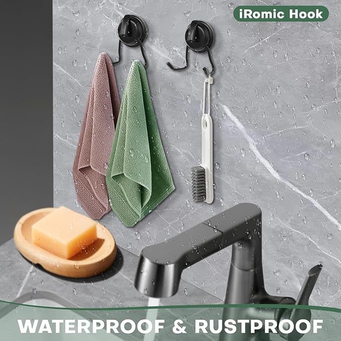 Stainless Still Suction Cup Hooks for Shower, Bathroom, Kitchen, Glass Door, Mirror, Tile – Loofah, Towel, Coat, Bath Robe Hook Holder,(2-PCS), Matte Black