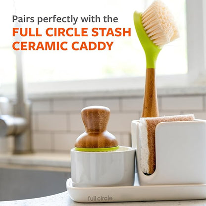 Full Circle Bubble Up Bamboo Dish Brush & Ceramic Soap Dispenser – Family Safe, Formaldehyde-Free – Kitchen Scrub Brush for Dishes, Nonstick & Cast Iron, White