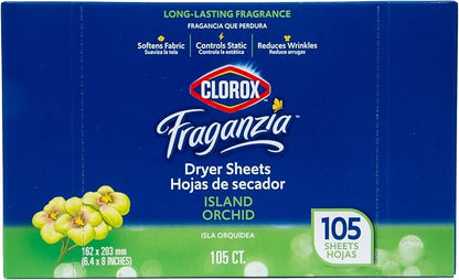 Clorox Fraganzia Fabric Softener Dryer Sheets, Wrinkle Reducing and Anti Static Laundry Dryer Sheets for Great Smelling Clothes, Softens Fabrics, Island Orchid Scent, 105 Count