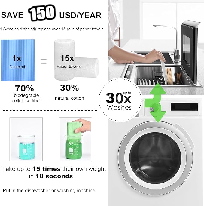 METUUTER 10 Packs Swedish Dishcloths for Kitchen, Reusable Kitchen Dishcloths Compostable Cellulose Dish Clothes for Household Use