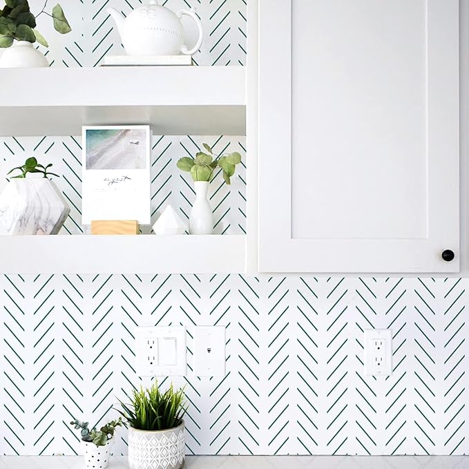 Erfoni Green and White Peel and Stick Wallpaper Herringbone Contact Paper for Bathroom 17.7inch x 118.1inch Modern Geometric Removable Wallpaper Peel and Stick Line Self Adhesive Contact Paper