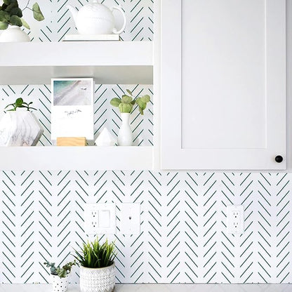 Erfoni Green and White Peel and Stick Wallpaper Herringbone Contact Paper for Bathroom 17.7inch x 118.1inch Modern Geometric Removable Wallpaper Peel and Stick Line Self Adhesive Contact Paper